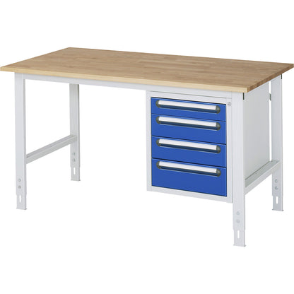 Work table with drawer cupboard, base container with 4 drawers 1 x 90, 2 x 120, 1 x 140 mm, WxD 1500 x 800 mm, solid beech wood panel, thickness 25 mm.