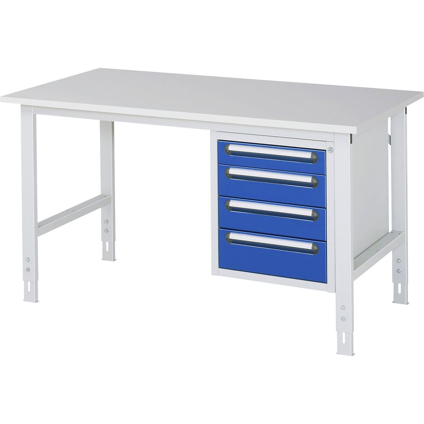 Work table with drawer cupboard, base container with 4 drawers 1 x 90, 2 x 120, 1 x 140 mm, WxD 1500 x 800 mm, melamine panel, thickness 22 mm.