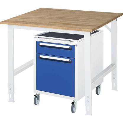 Work table with drawer cupboard, mobile pedestal with 2 drawers 1 x 120, 1 x 360 mm, WxD 1000 x 1000 mm, solid beech wood panel, thickness 25 mm.