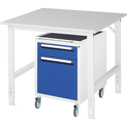 Work table with drawer cupboard, mobile pedestal with 2 drawers 1 x 120, 1 x 360 mm, WxD 1000 x 1000 mm, melamine panel, thickness 22 mm.