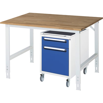 Work table with drawer cupboard, mobile pedestal with 2 drawers 1 x 120, 1 x 360 mm, WxD 1250 x 1000 mm, solid beech wood panel, thickness 25 mm.