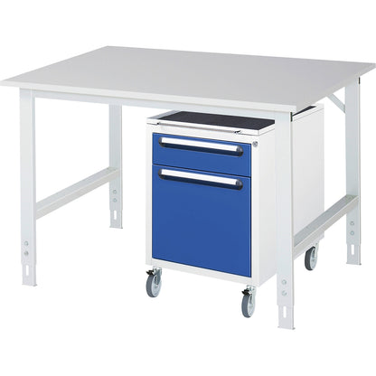Work table with drawer cupboard, mobile pedestal with 2 drawers 1 x 120, 1 x 360 mm, WxD 1250 x 1000 mm, melamine panel, thickness 22 mm.