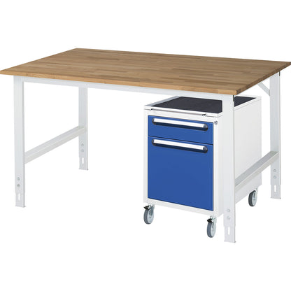 Work table with drawer cupboard, mobile pedestal with 2 drawers 1 x 120, 1 x 360 mm, WxD 1500 x 1000 mm, solid beech wood panel, thickness 25 mm.