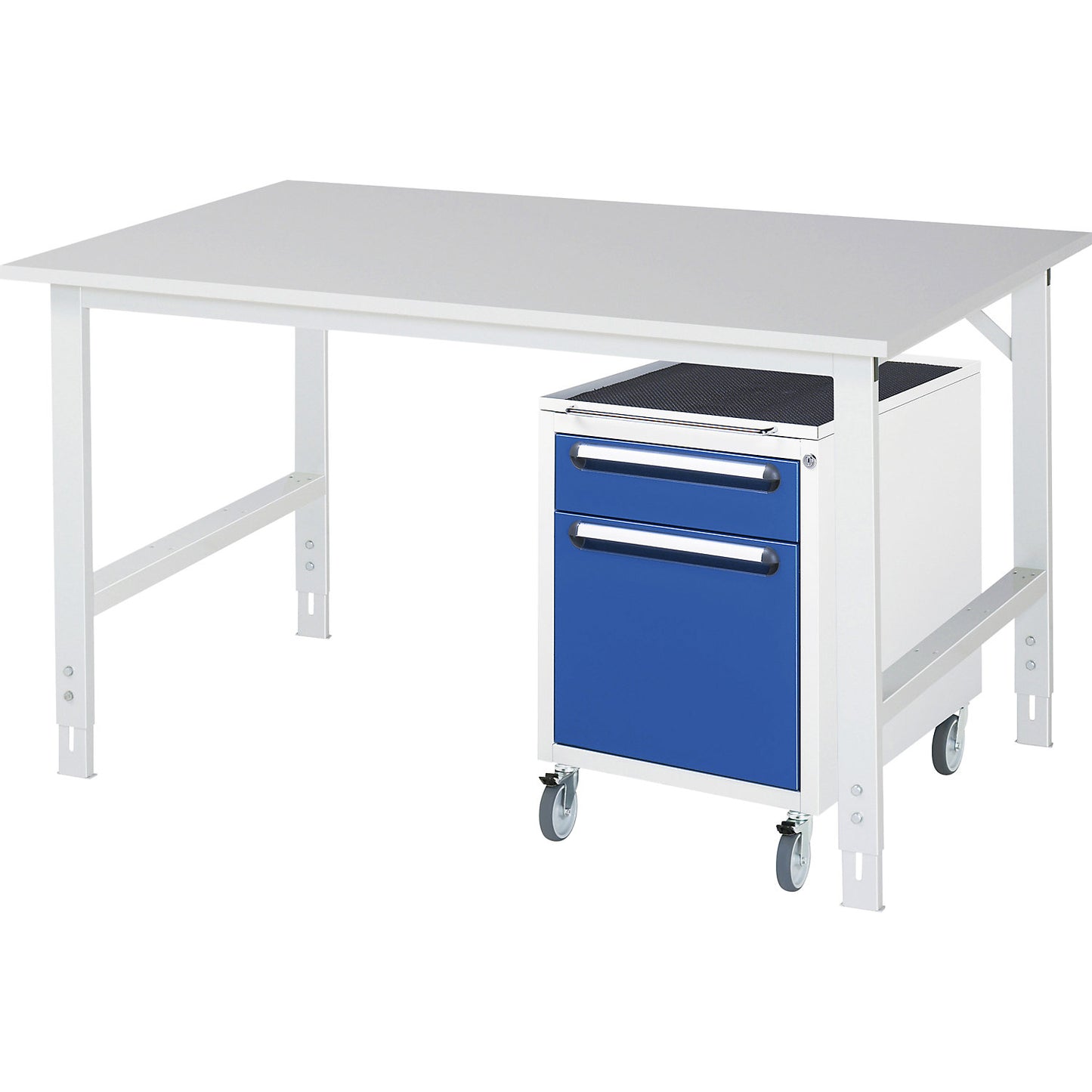 Work table with drawer cupboard, mobile pedestal with 2 drawers 1 x 120, 1 x 360 mm, WxD 1500 x 1000 mm, melamine panel, thickness 22 mm.