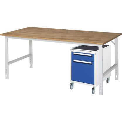 Work table with drawer cupboard, mobile pedestal with 2 drawers 1 x 120, 1 x 360 mm, WxD 2000 x 1000 mm, solid beech wood panel, thickness 25 mm.