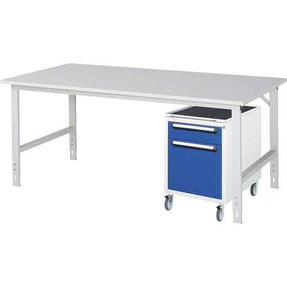 Work table with drawer cupboard, mobile pedestal with 2 drawers 1 x 120, 1 x 360 mm, WxD 2000 x 1000 mm, melamine panel, thickness 22 mm.