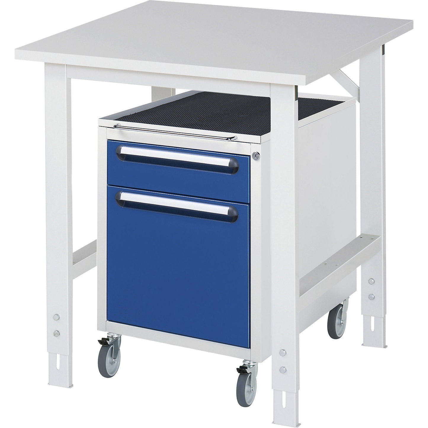 Work table with drawer cupboard, mobile pedestal with 2 drawers 1 x 120, 1 x 360 mm, WxD 750 x 800 mm, melamine panel, thickness 22 mm.