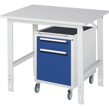 Work table with drawer cupboard, mobile pedestal with 2 drawers 1 x 120, 1 x 360 mm, WxD 1000 x 800 mm, melamine panel, thickness 22 mm.