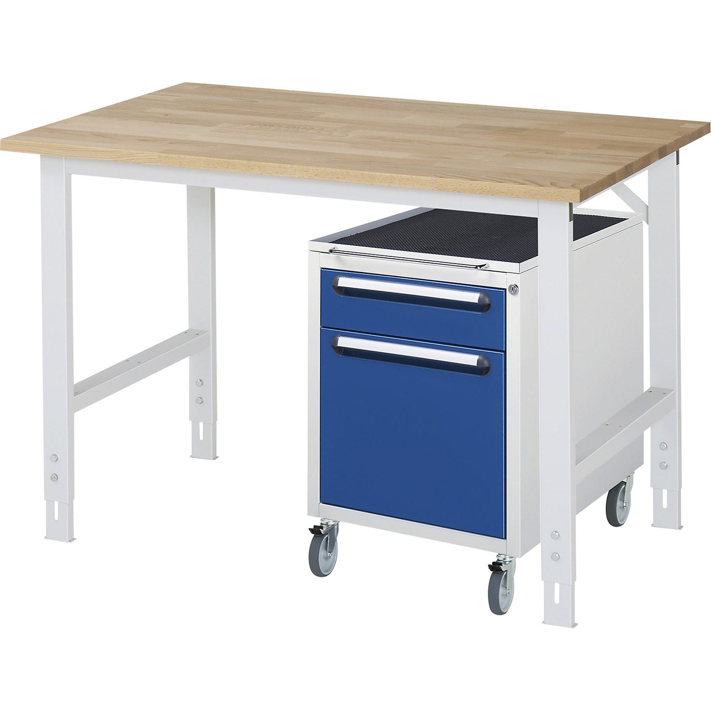 Work table with drawer cupboard, mobile pedestal with 2 drawers 1 x 120, 1 x 360 mm, WxD 1250 x 800 mm, solid beech wood panel, thickness 25 mm.