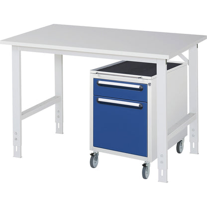 Work table with drawer cupboard, mobile pedestal with 2 drawers 1 x 120, 1 x 360 mm, WxD 1250 x 800 mm, melamine panel, thickness 22 mm.