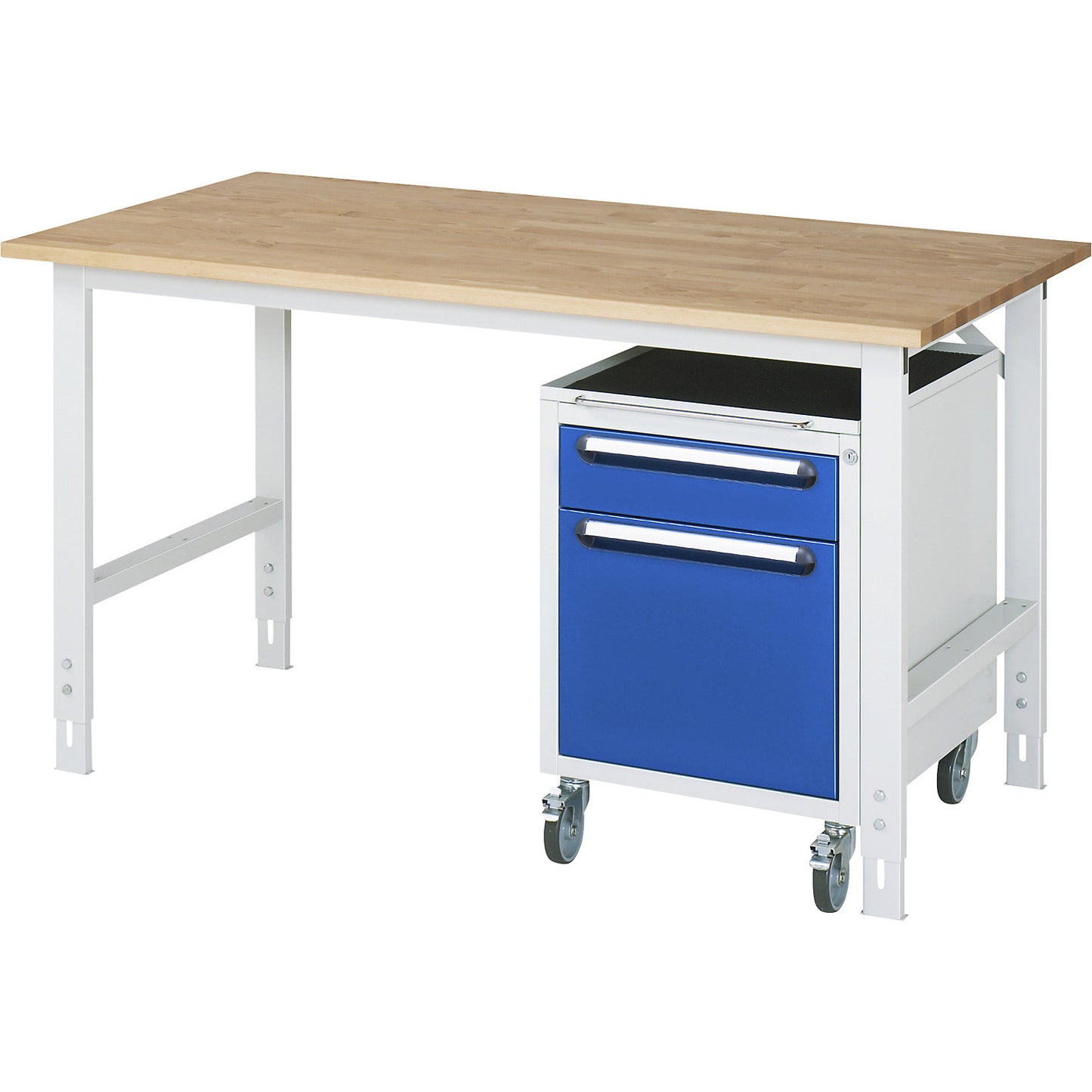 Work table with drawer cupboard, mobile pedestal with 2 drawers 1 x 120, 1 x 360 mm, WxD 1500 x 800 mm, solid beech wood panel, thickness 25 mm.