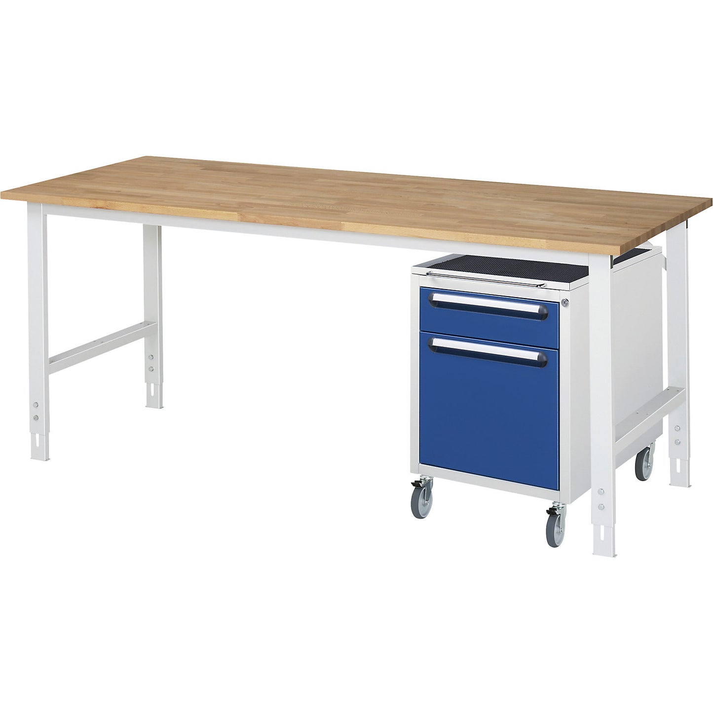 Work table with drawer cupboard, mobile pedestal with 2 drawers 1 x 120, 1 x 360 mm, WxD 2000 x 800 mm, solid beech wood panel, thickness 25 mm.