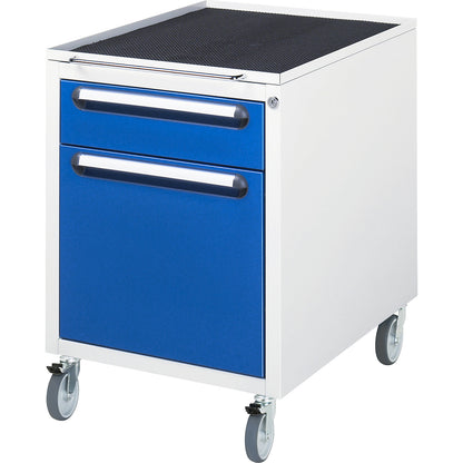 Work table with drawer cupboard, mobile pedestal with 2 drawers 1 x 120, 1 x 360 mm, WxD 1000 x 1000 mm, melamine panel, thickness 22 mm.