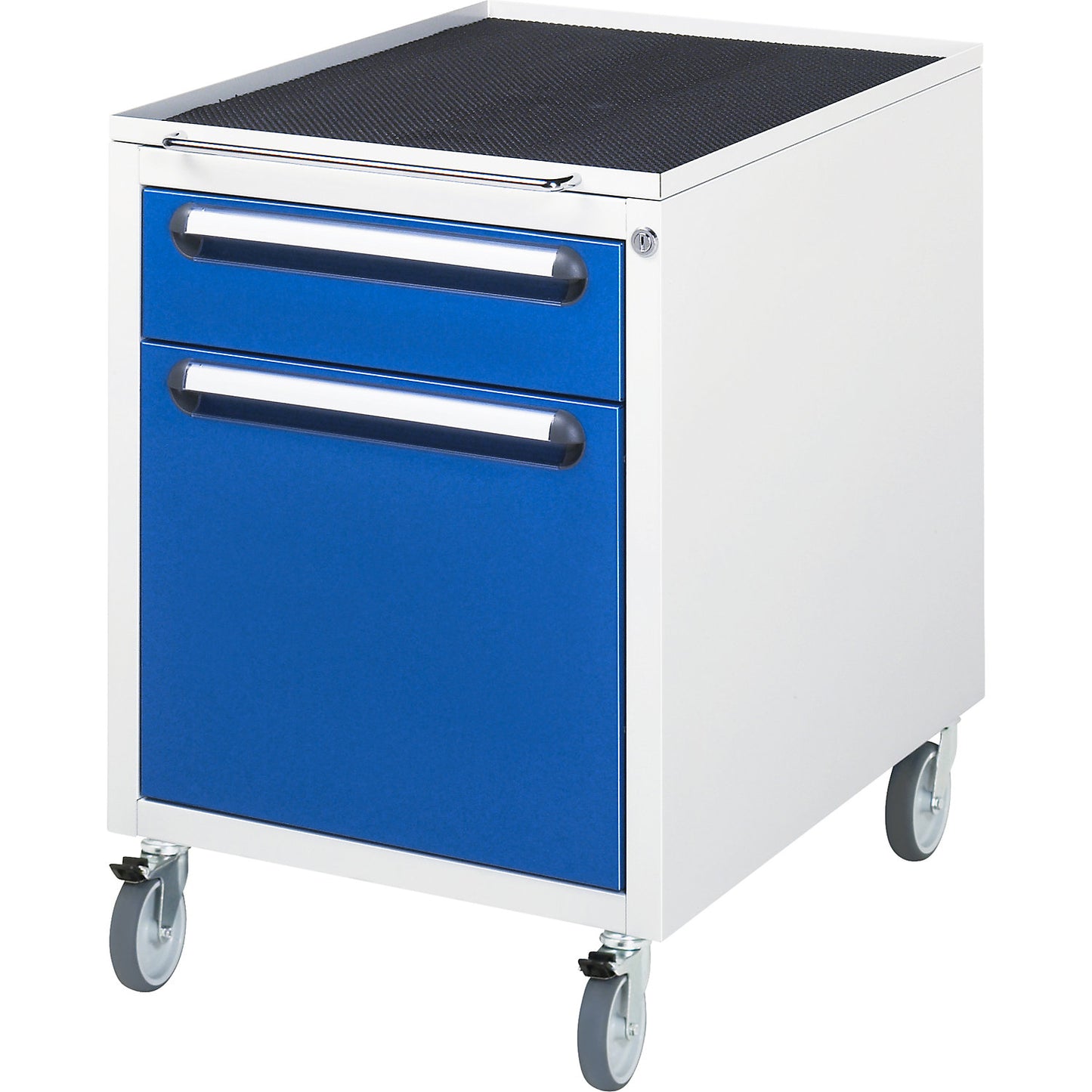 Work table with drawer cupboard, mobile pedestal with 2 drawers 1 x 120, 1 x 360 mm, WxD 1000 x 800 mm, solid beech wood panel, thickness 25 mm.