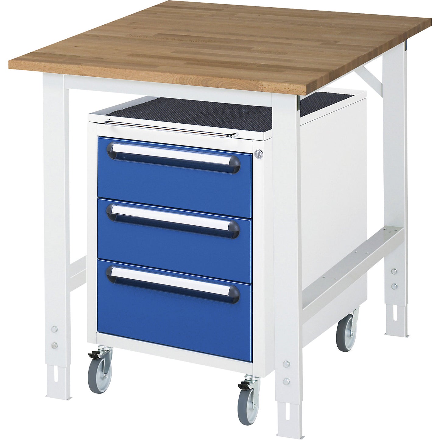 Work table with drawer cupboard, mobile pedestal with 3 drawers 2 x 150, 1 x 180 mm, WxD 750 x 1000 mm, solid beech wood panel, thickness 25 mm.