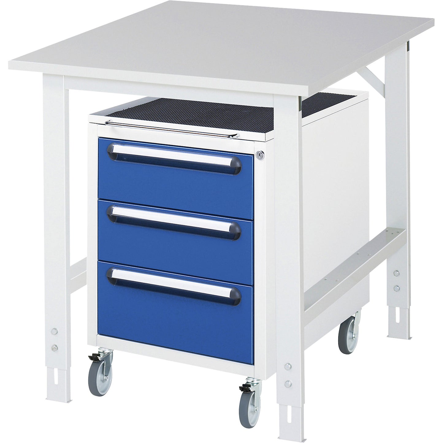 Work table with drawer cupboard, mobile pedestal with 3 drawers 2 x 150, 1 x 180 mm, WxD 750 x 1000 mm, melamine panel, thickness 22 mm.