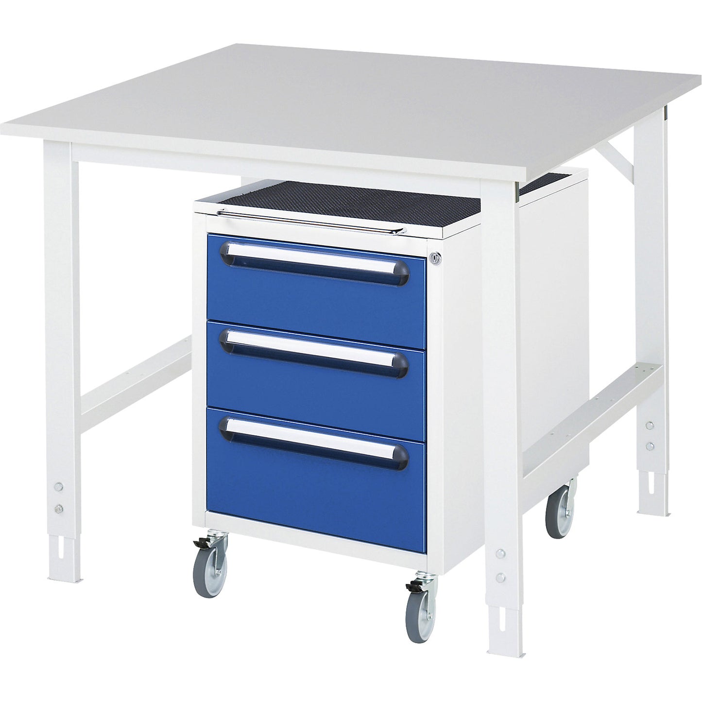 Work table with drawer cupboard, mobile pedestal with 3 drawers 2 x 150, 1 x 180 mm, WxD 1000 x 1000 mm, melamine panel, thickness 22 mm.