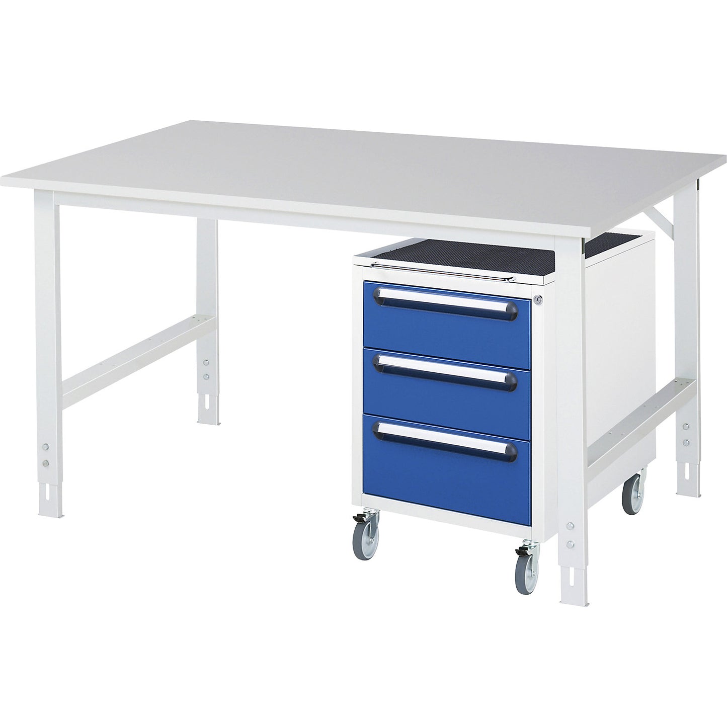 Work table with drawer cupboard, mobile pedestal with 3 drawers 2 x 150, 1 x 180 mm, WxD 1500 x 1000 mm, melamine panel, thickness 22 mm.