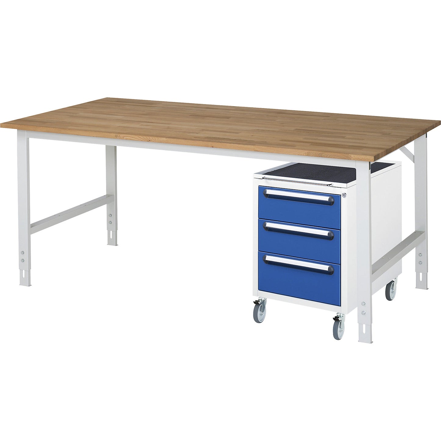 Work table with drawer cupboard, mobile pedestal with 3 drawers 2 x 150, 1 x 180 mm, WxD 2000 x 1000 mm, solid beech wood panel, thickness 25 mm.