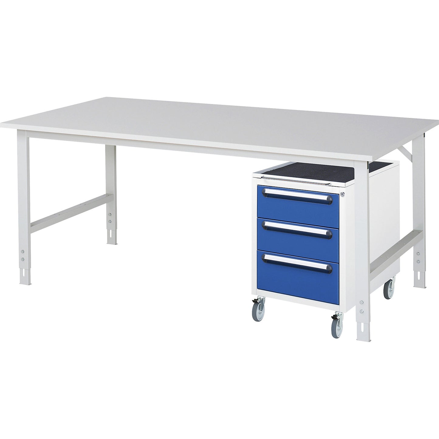 Work table with drawer cupboard, mobile pedestal with 3 drawers 2 x 150, 1 x 180 mm, WxD 2000 x 1000 mm, melamine panel, thickness 22 mm.