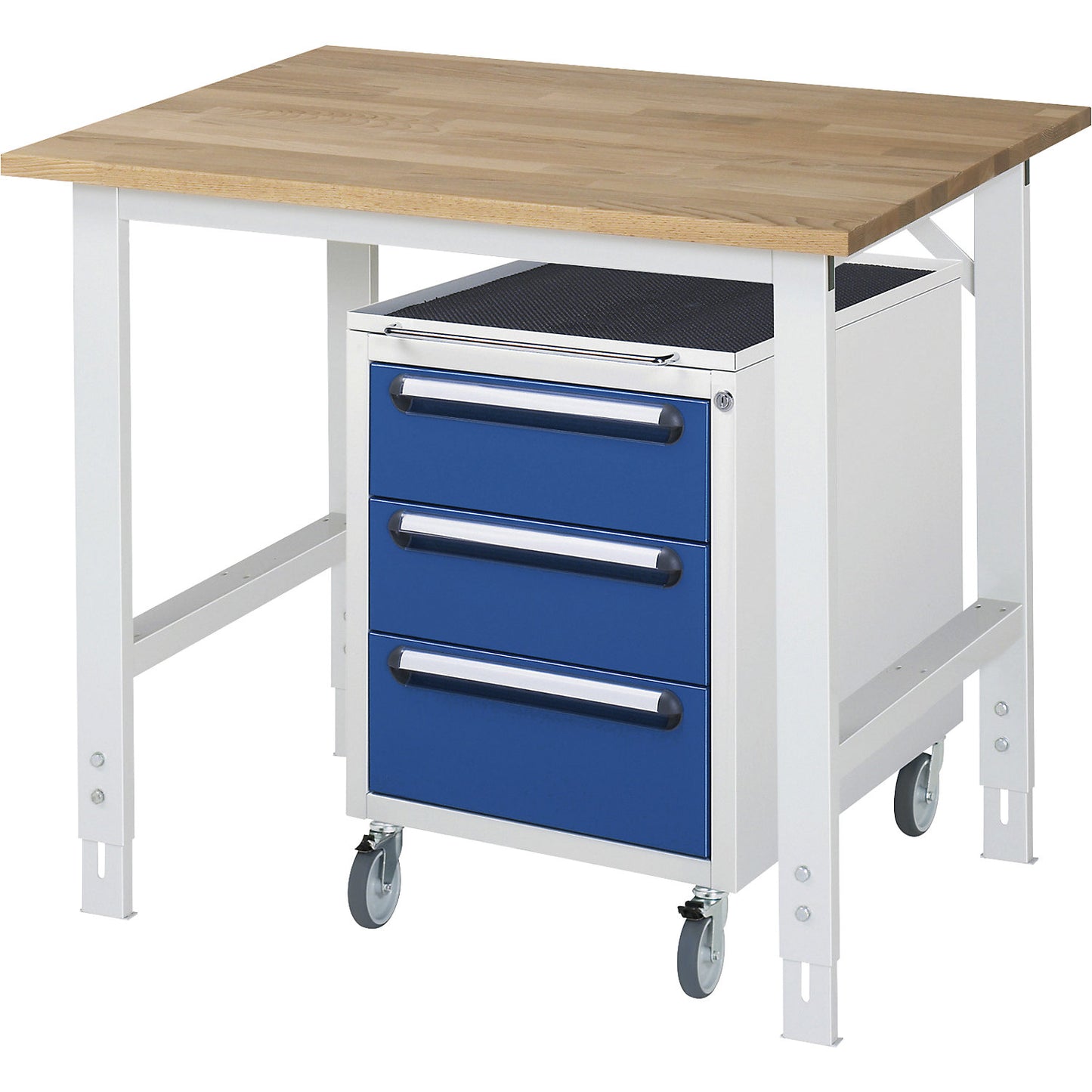 Work table with drawer cupboard, mobile pedestal with 3 drawers 2 x 150, 1 x 180 mm, WxD 1000 x 800 mm, solid beech wood panel, thickness 25 mm.