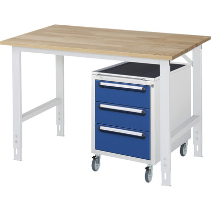 Work table with drawer cupboard, mobile pedestal with 3 drawers 2 x 150, 1 x 180 mm, WxD 1250 x 800 mm, solid beech wood panel, thickness 25 mm.