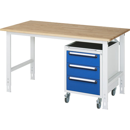 Work table with drawer cupboard, mobile pedestal with 3 drawers 2 x 150, 1 x 180 mm, WxD 1500 x 800 mm, solid beech wood panel, thickness 25 mm.
