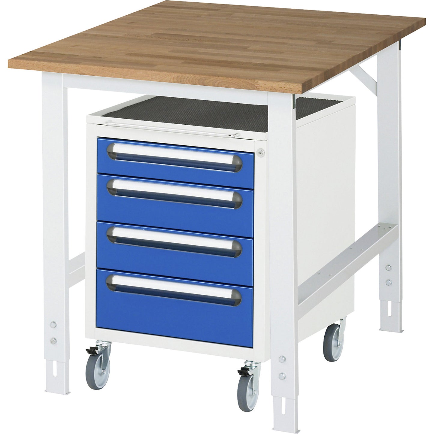Work table with drawer cupboard, mobile pedestal with 4 drawers 1 x 90, 2 x 120, 1 x 140 mm, WxD 750 x 1000 mm, solid beech wood panel, thickness 25 mm.