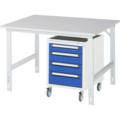 Work table with drawer cupboard, mobile pedestal with 4 drawers 1 x 90, 2 x 120, 1 x 140 mm, WxD 1250 x 1000 mm, melamine panel, thickness 22 mm.