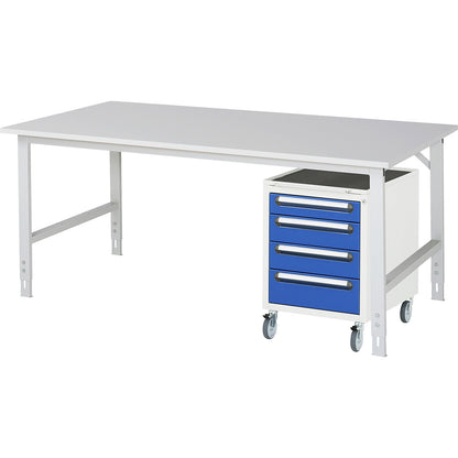 Work table with drawer cupboard, mobile pedestal with 4 drawers 1 x 90, 2 x 120, 1 x 140 mm, WxD 2000 x 1000 mm, melamine panel, thickness 22 mm.