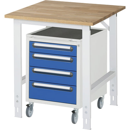 Work table with drawer cupboard, mobile pedestal with 4 drawers 1 x 90, 2 x 120, 1 x 140 mm, WxD 750 x 800 mm, solid beech wood panel, thickness 25 mm.