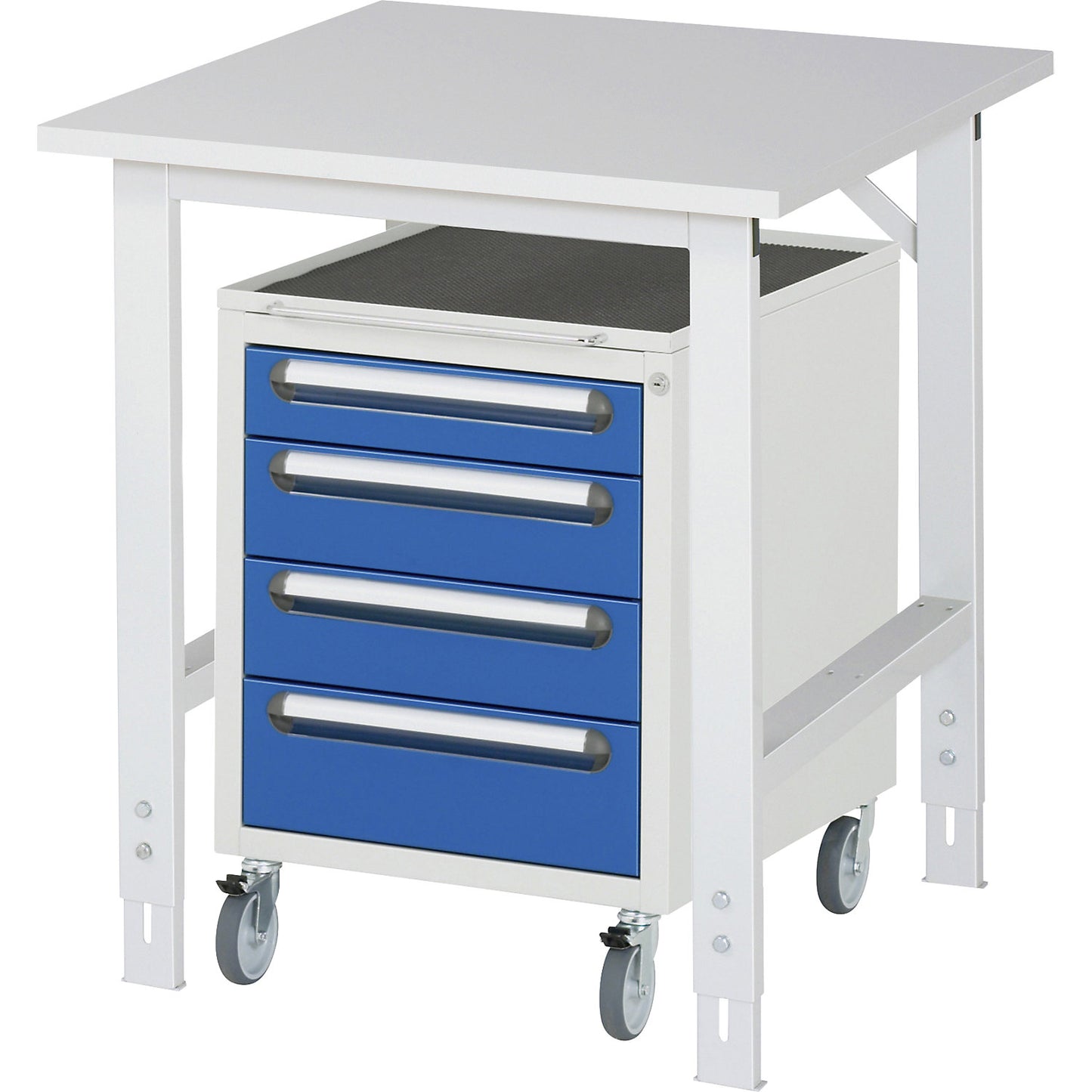 Work table with drawer cupboard, mobile pedestal with 4 drawers 1 x 90, 2 x 120, 1 x 140 mm, WxD 750 x 800 mm, melamine panel, thickness 22 mm.