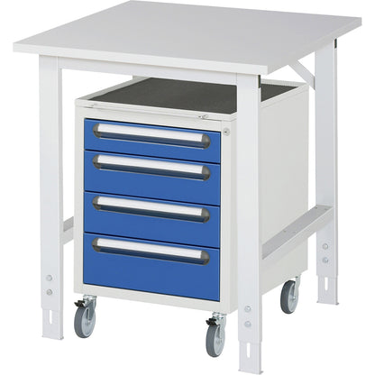Work table with drawer cupboard, mobile pedestal with 4 drawers 1 x 90, 2 x 120, 1 x 140 mm, WxD 750 x 800 mm, melamine panel, thickness 22 mm.