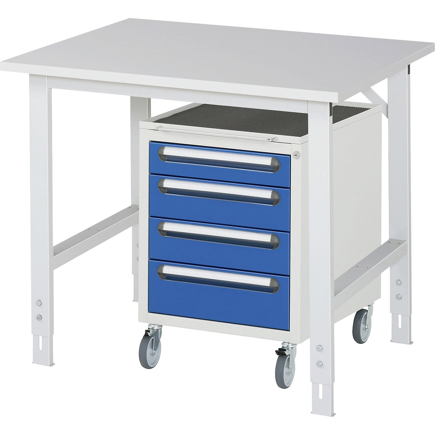 Work table with drawer cupboard, mobile pedestal with 4 drawers 1 x 90, 2 x 120, 1 x 140 mm, WxD 1000 x 800 mm, melamine panel, thickness 22 mm.