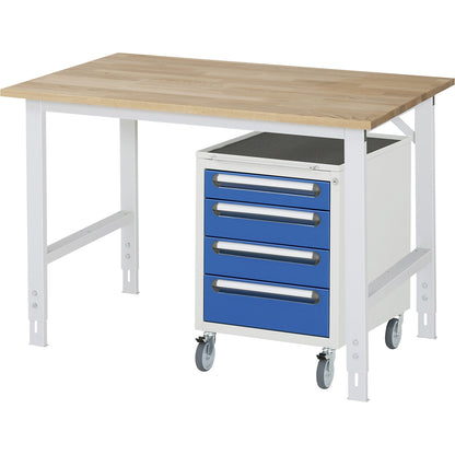 Work table with drawer cupboard, mobile pedestal with 4 drawers 1 x 90, 2 x 120, 1 x 140 mm, WxD 1250 x 800 mm, solid beech wood panel, thickness 25 mm.