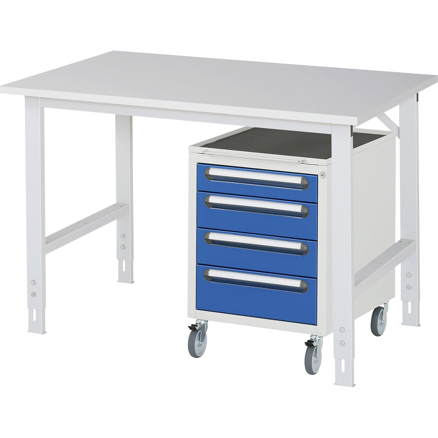 Work table with drawer cupboard, mobile pedestal with 4 drawers 1 x 90, 2 x 120, 1 x 140 mm, WxD 1250 x 800 mm, melamine panel, thickness 22 mm.