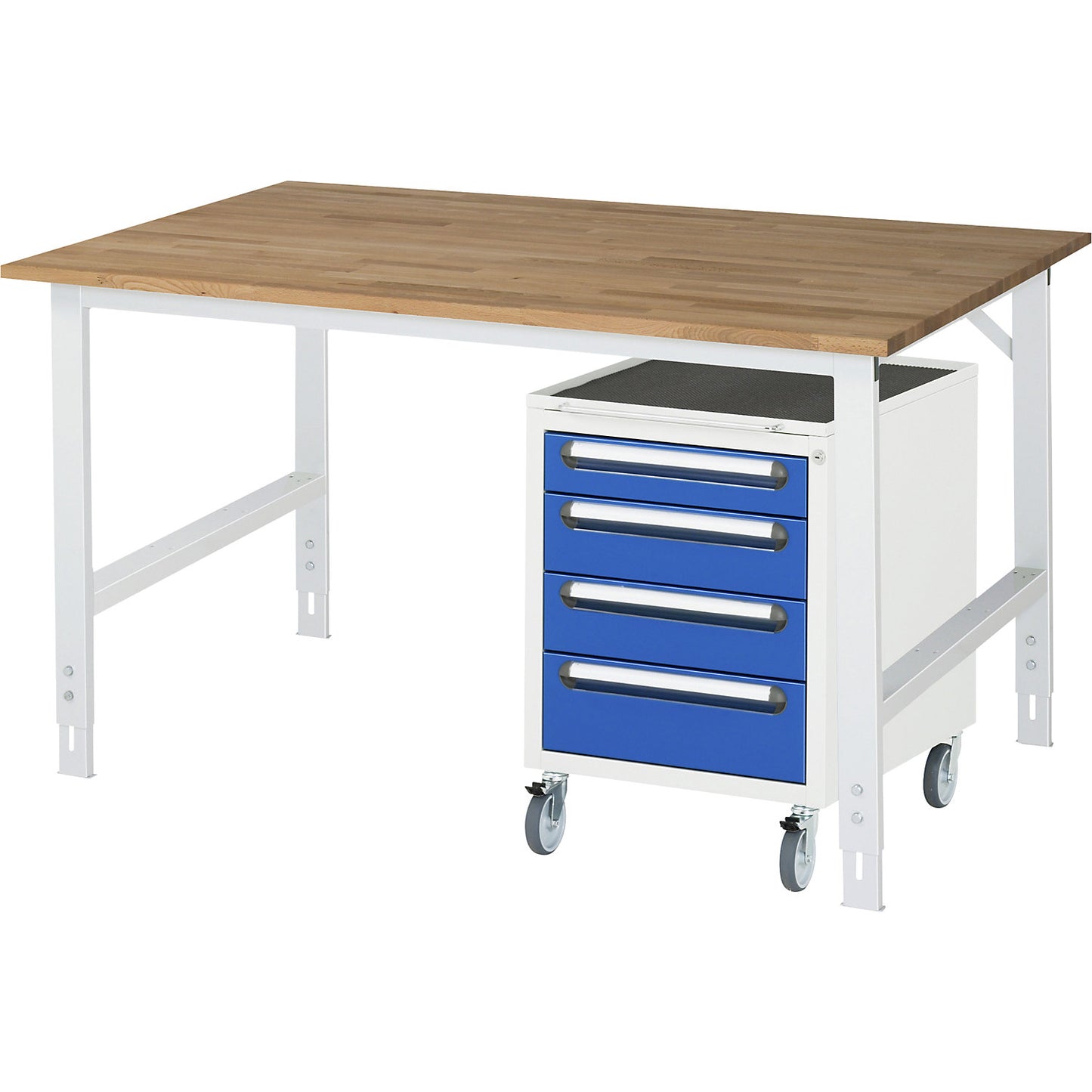 Work table with drawer cupboard, mobile pedestal with 4 drawers 1 x 90, 2 x 120, 1 x 140 mm, WxD 1500 x 800 mm, solid beech wood panel, thickness 25 mm.