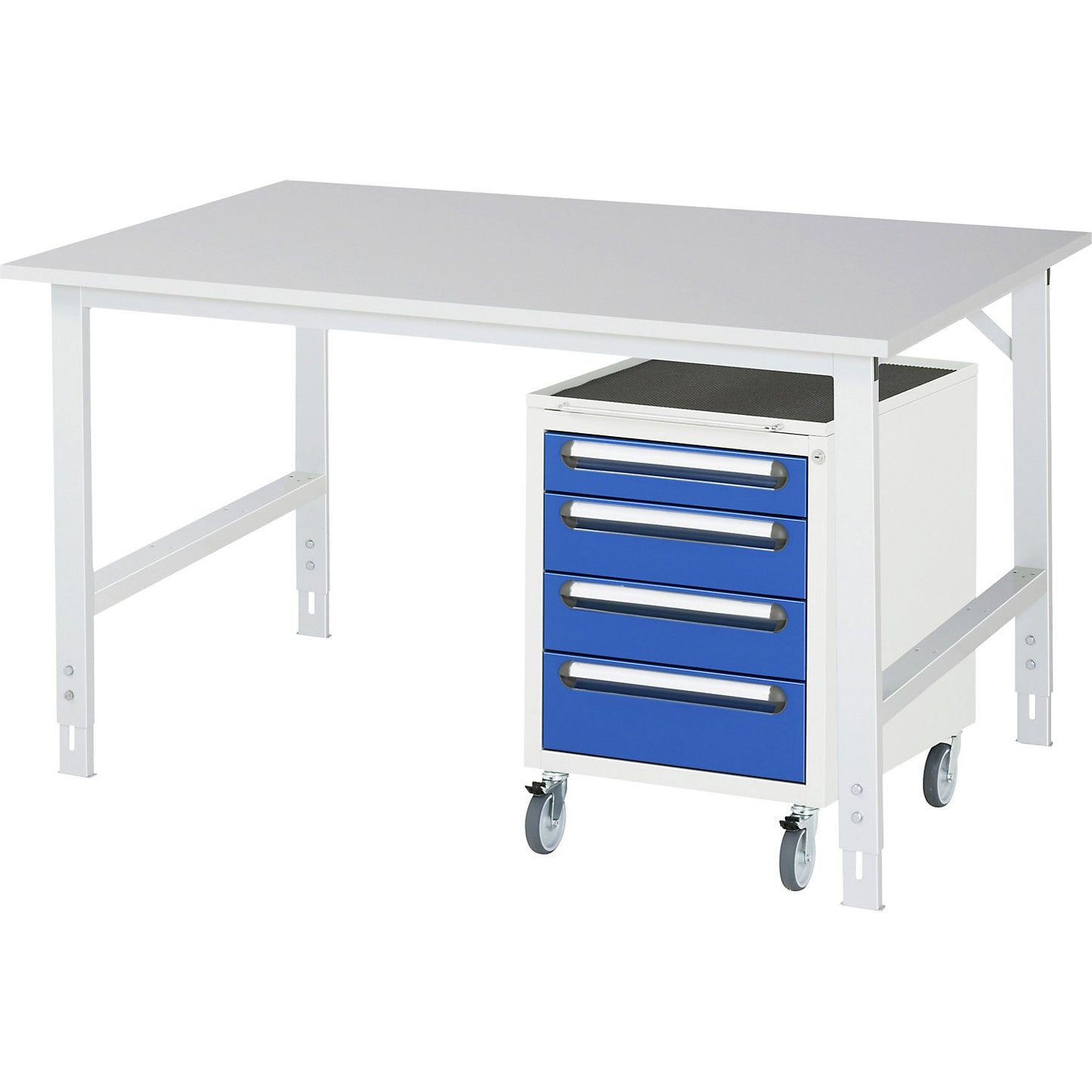 Work table with drawer cupboard, mobile pedestal with 4 drawers 1 x 90, 2 x 120, 1 x 140 mm, WxD 1500 x 800 mm, melamine panel, thickness 22 mm.