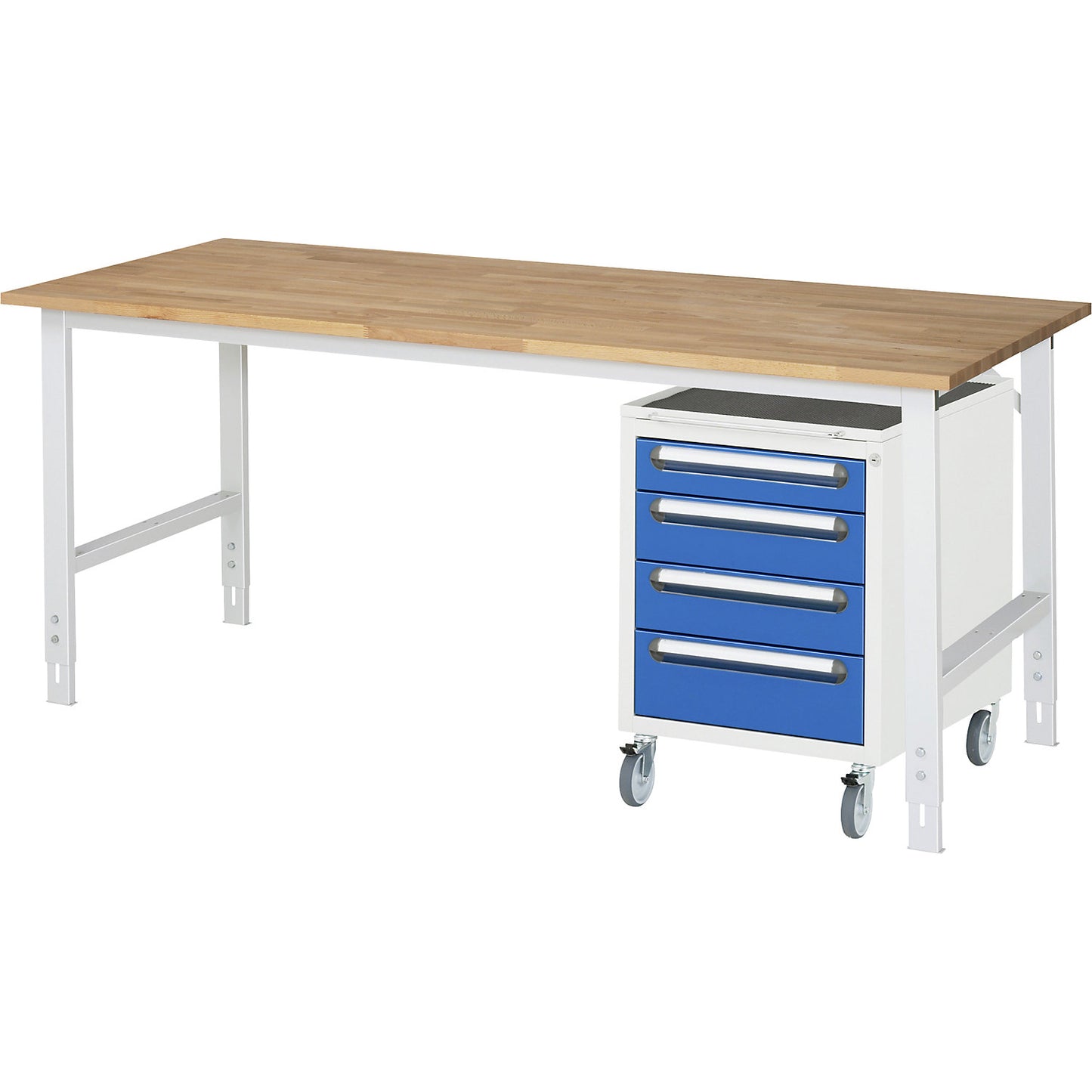 Work table with drawer cupboard, mobile pedestal with 4 drawers 1 x 90, 2 x 120, 1 x 140 mm, WxD 2000 x 800 mm, solid beech wood panel, thickness 25 mm.