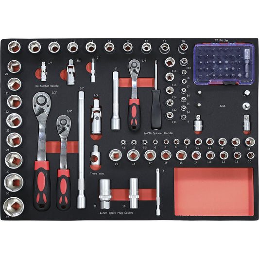 Tool shadow board, socket set 108 parts, for WxD 525 x 390 mm, with 3 ratchets.