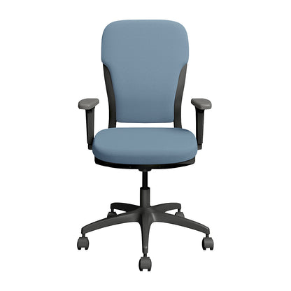 MOTION office chair, upholstered backrest, dark grey, light blue.
