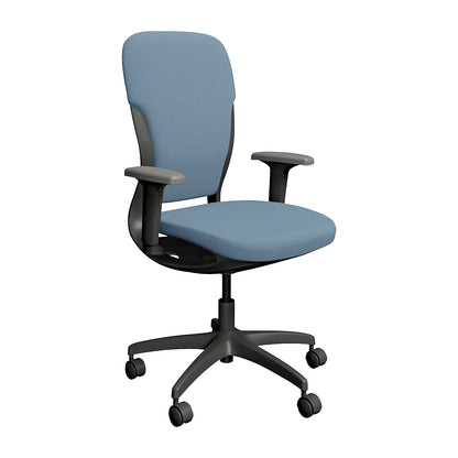 MOTION office chair, upholstered backrest, dark grey, light blue.