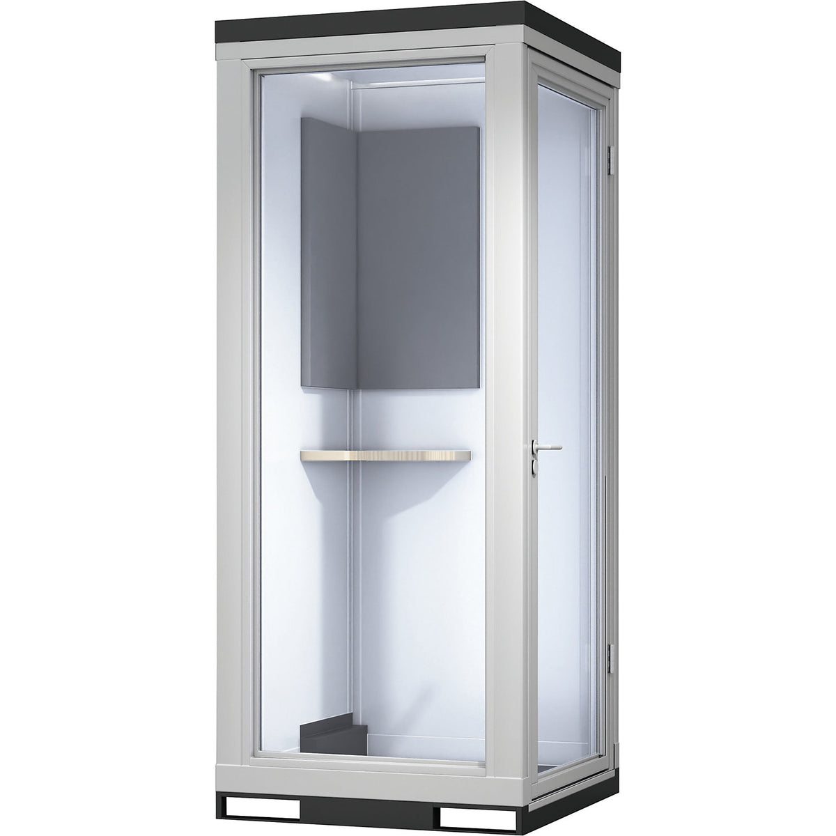 CoWoCube® 1 meeting booth, LxWxH 1188 x 1148 x 2832 mm, single hinged door, fully glazed.