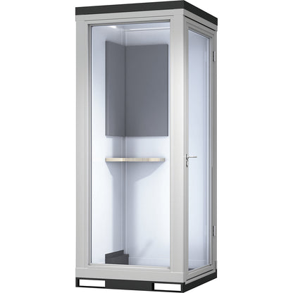 CoWoCube® 1 meeting booth, LxWxH 1188 x 1148 x 2832 mm, single hinged door, fully glazed.