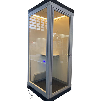 CoWoCube® 1 meeting booth, LxWxH 1188 x 1148 x 2832 mm, single hinged door, fully glazed.