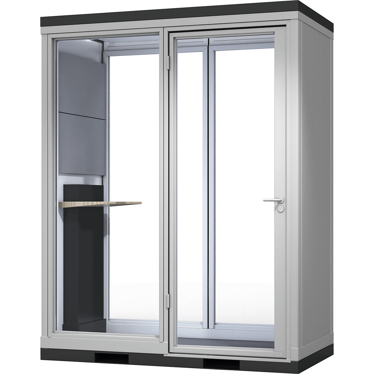CoWoCube® 2 meeting booth, LxWxH 2194 x 1148 x 2832 mm, single hinged door, fully glazed.