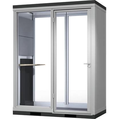 CoWoCube® 2 meeting booth, LxWxH 2194 x 1148 x 2832 mm, single hinged door, fully glazed.