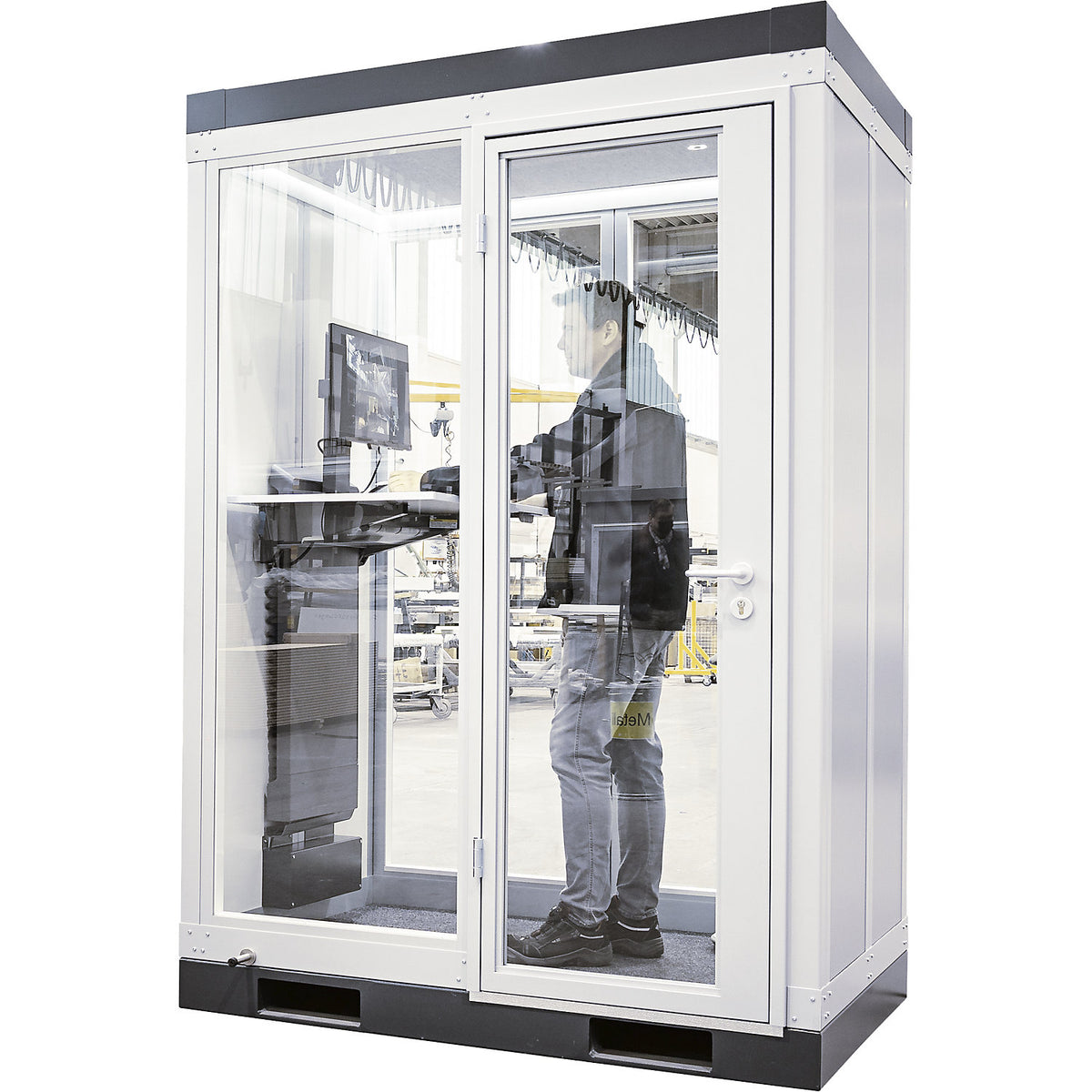 CoWoCube® 2 meeting booth, LxWxH 2194 x 1148 x 2832 mm, single hinged door, fully glazed.