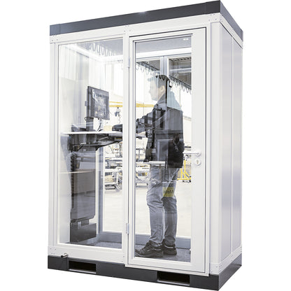 CoWoCube® 2 meeting booth, LxWxH 2194 x 1148 x 2832 mm, single hinged door, fully glazed.