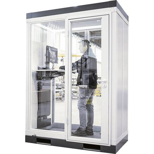 CoWoCube® 2 meeting booth, LxWxH 2194 x 1148 x 2832 mm, single hinged door, fully glazed.